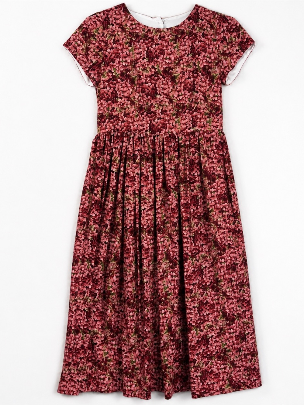 Vintage Handmade Floral Prairie Midi Dress Pink Burgundy S